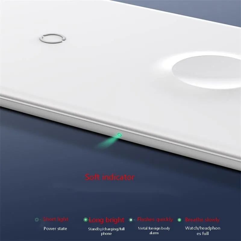 Smart three-in-one wireless charger for phone, watch, and earphones, shown in black on a desktop with a smartphone placed on the pad