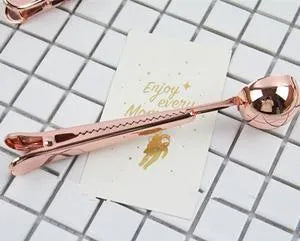 Stainless steel coffee clip spoon showing scoop and bag clip design, 17.5 cm long.