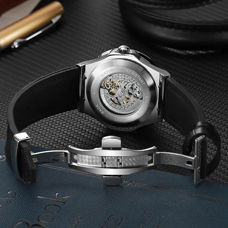 Automatic mechanical men's watch with hollow movement and diamond studding in business style