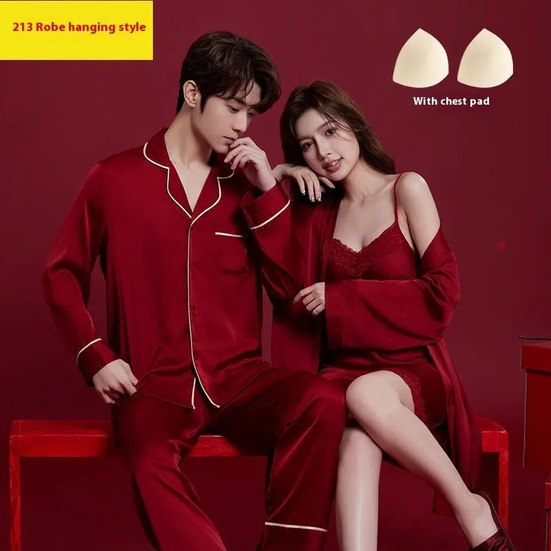 Matching red ice silk polyester sleepwear set for men and women with long sleeves and trousers