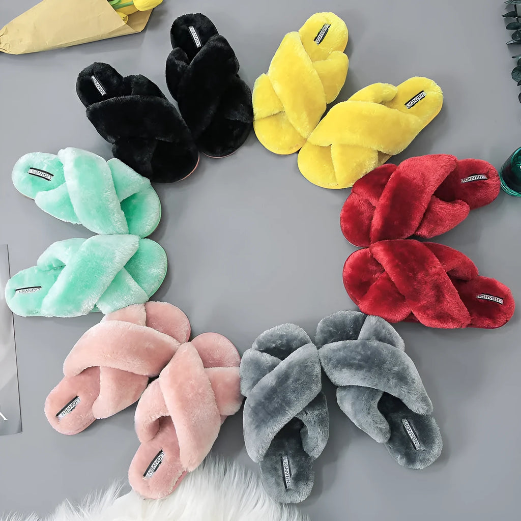 Women's cross open-toe fur slippers with patterned non-slip soles in multiple colour options