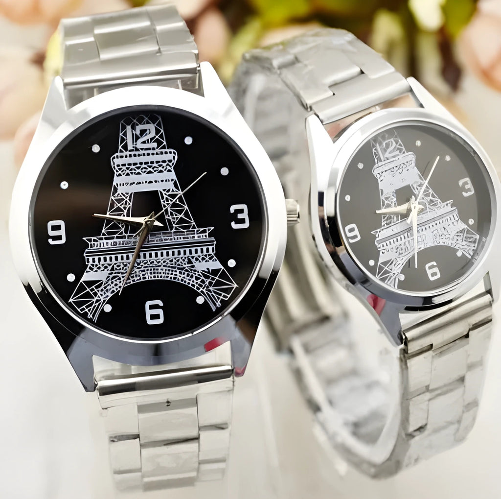 Eiffel Tower Wrist Watch with Paris landmark dial, metal case, and leather strap