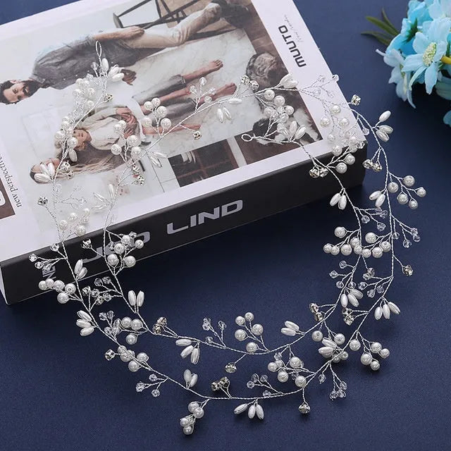 Bride's long hair band with crystal pearls in silver, gold, and rose gold colour options