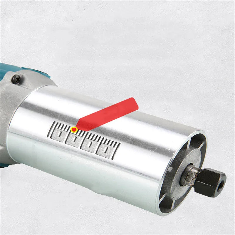 800W electric wood polishing trimmer with silver aluminium casing and a black handle on a workbench.