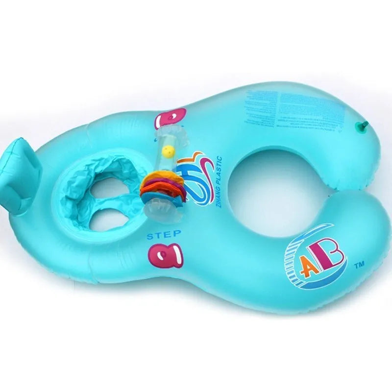Parent-child PVC inflatable swim ring in green with ant boat pattern for baby and adult pool use