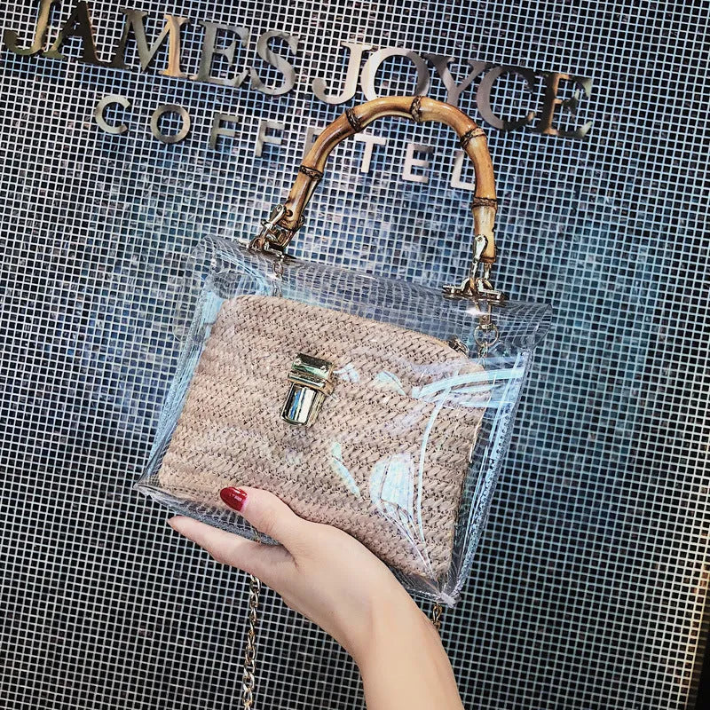 Women's bamboo knot woven handbag in khaki with chain detail, PVC body, and hasp closure