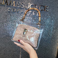Women's bamboo knot woven handbag in khaki with chain detail, PVC body, and hasp closure