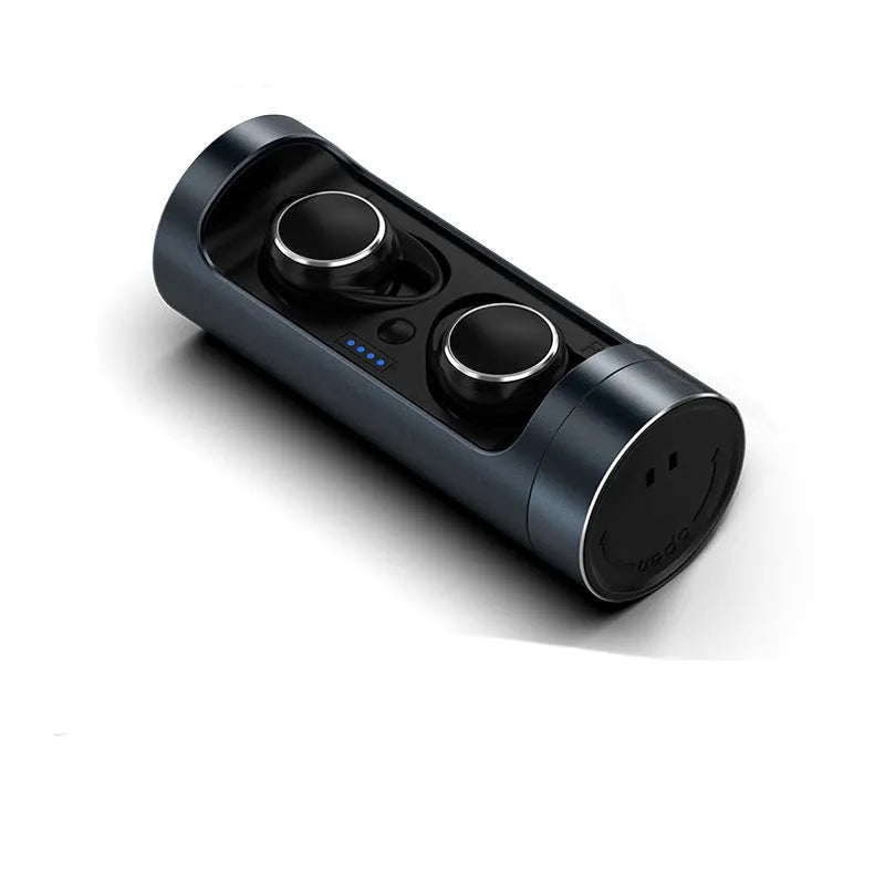 Single-ear Bluetooth 5.0 wireless headset with charging case, shown in dark grey, red, and silver colour options.