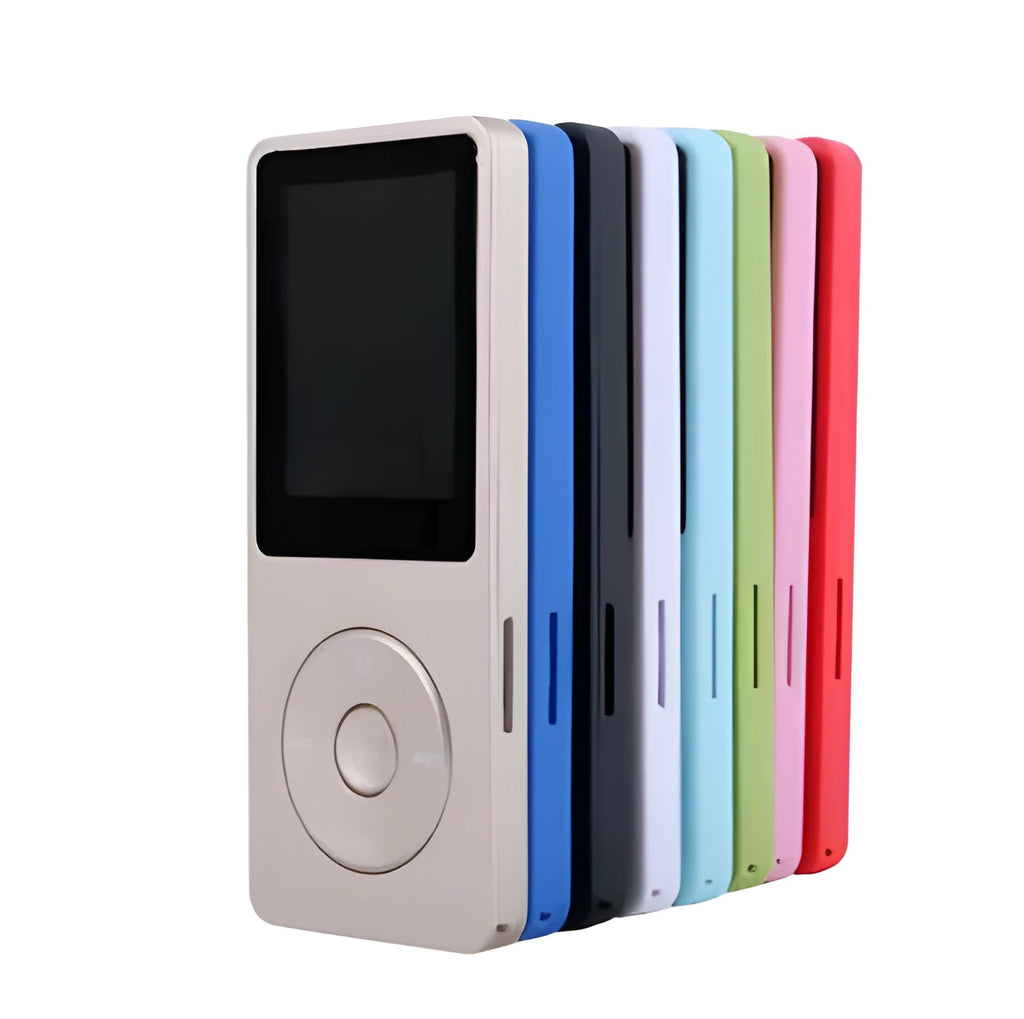 Black 1.8 inch screen MP4 player showing menu on colour display, next to headphones.