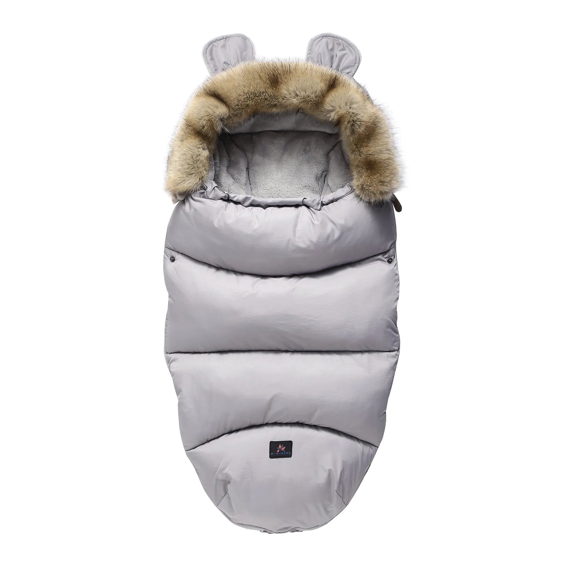 Convertible baby sleeping bag cocoon in a pram, showing cotton blend fabric and flannel lining.