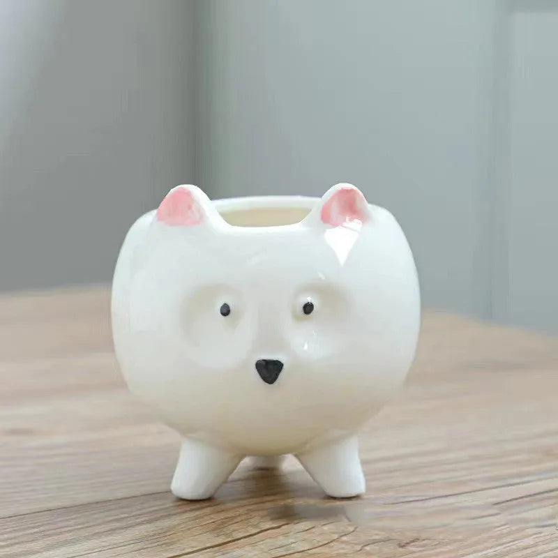 Ceramic succulent flowerpot with hand painted cartoon animal design in colourful pattern
