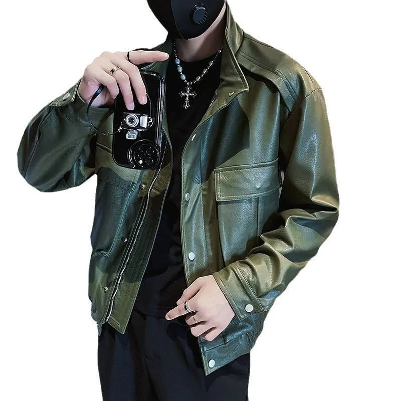 Men's black Korean style PU leather jacket with straight hem design