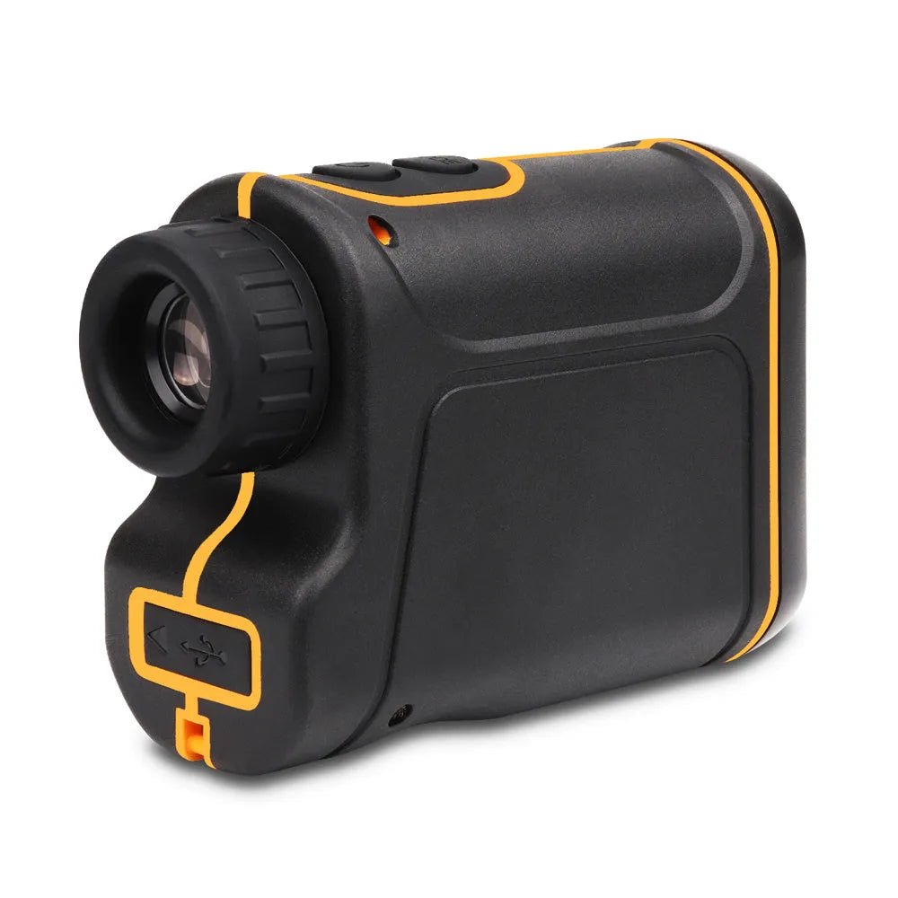 Handheld outdoor golf rangefinder measuring device showing compact design