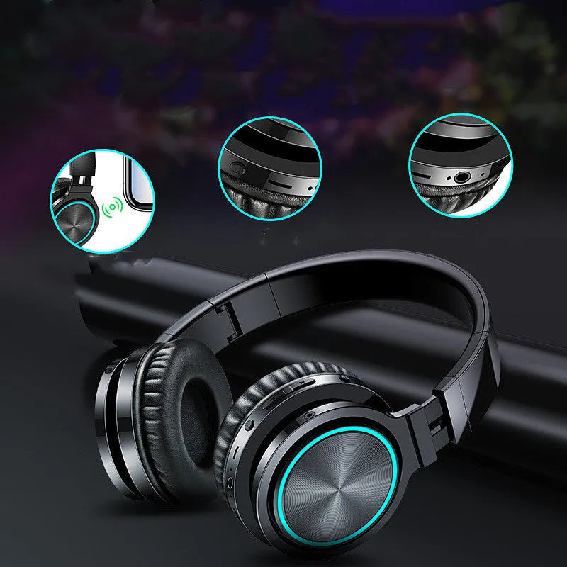 B12 wireless folding Bluetooth headset in black, shown in both open and folded positions