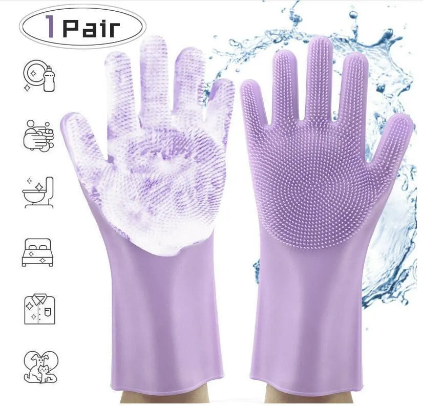 Blue silicone cleaning gloves with a textured sponge palm design for scrubbing.