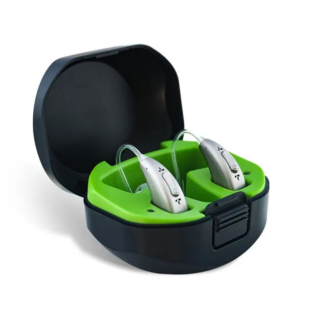 Wireless invisible hearing aid with rechargeable battery and USB charging case, available in binaural or single ear options