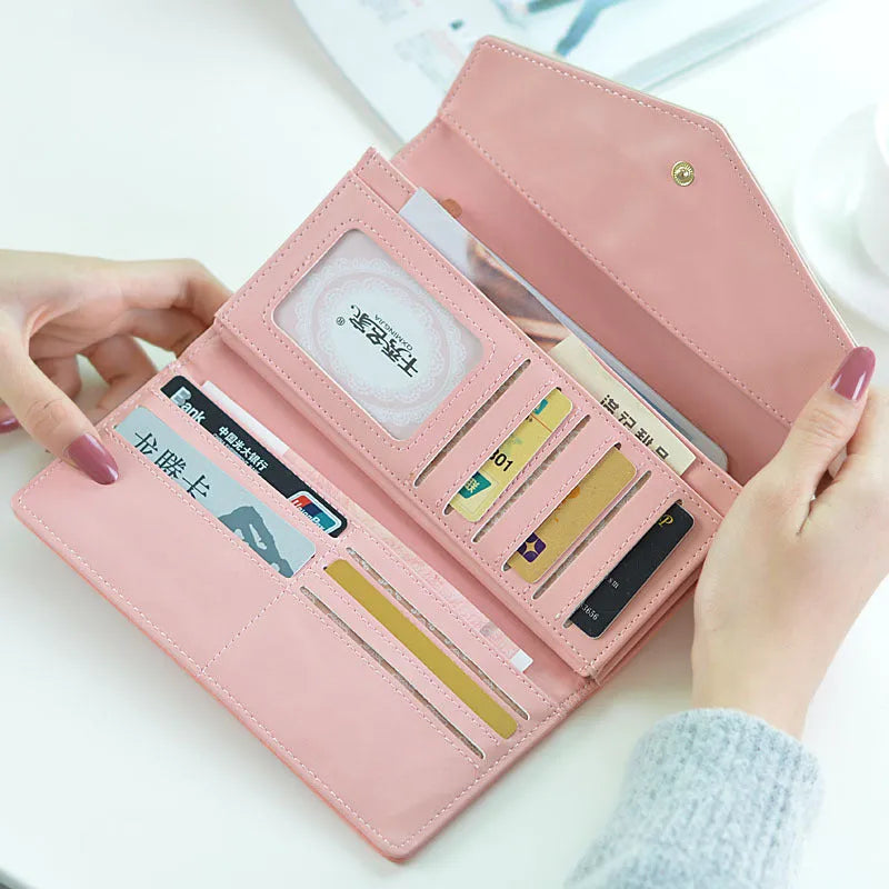 Three-fold PU leather wallet with buckle closure showing clip and colour options