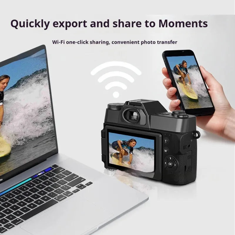 6K HD retro mirrorless digital camera with Full HD screen in black with standard 32G memory card