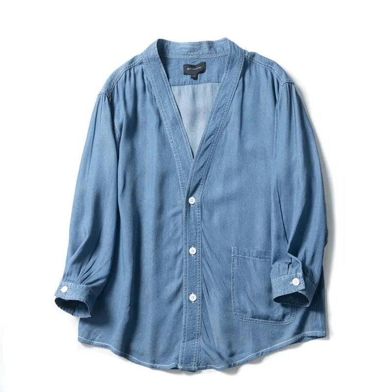 Men's dark blue casual denim coat with three-quarter sleeves and V-neck