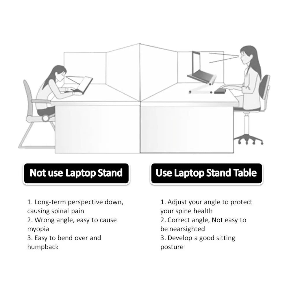 Foldable laptop stand in black and white, 360 degree adjustable angle, on a desk with laptop