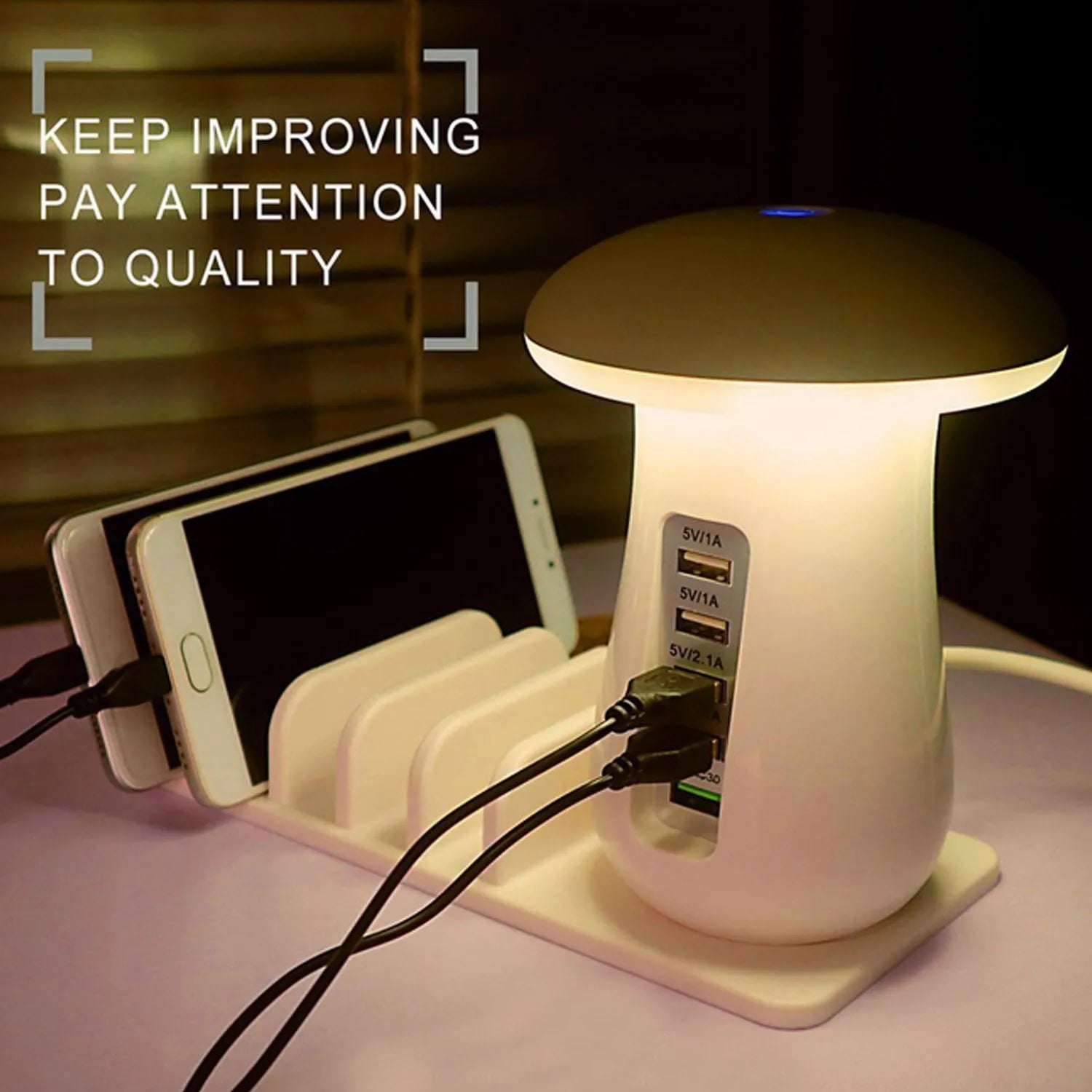 Mushroom-shaped USB charging dock station with five ports and integrated LED night lamp on desktop