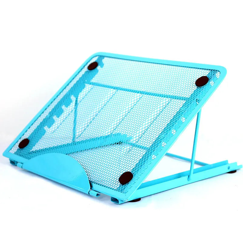 Adjustable cold-rolled steel laptop and tablet stand in black, shown in a raised position.