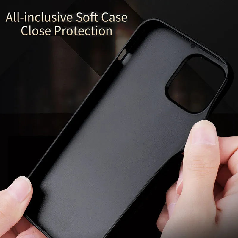 Black PU leather iPhone 12 phone case with soft TPU sides on a wooden table.