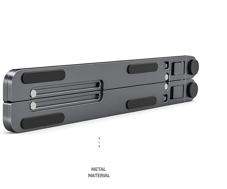 Aluminium alloy laptop stand in folded and extended positions, shown in silver colour.