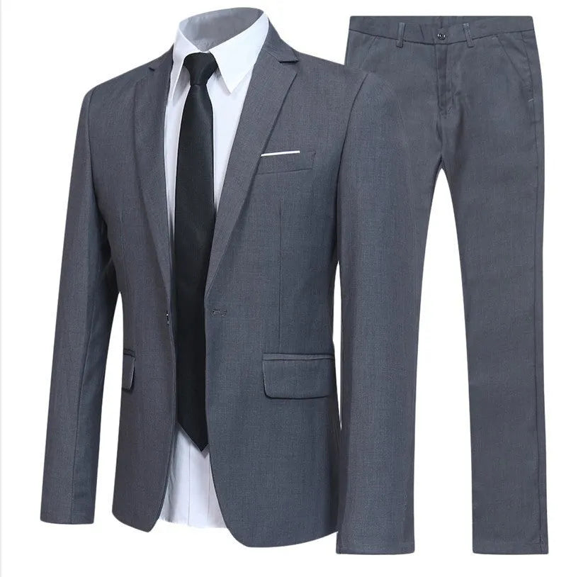 3-piece men's suit set with jacket, trousers, and white shirt in black, polyester fabric, back centre vent, front view