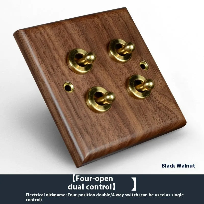 Black walnut solid wood panel brass work driving arm dual control switch socket in walnut colour