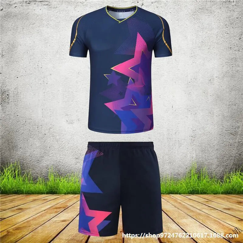 Badminton sportswear set with short-sleeved top and shorts, sapphire blue, polyester fibre, front view, size M