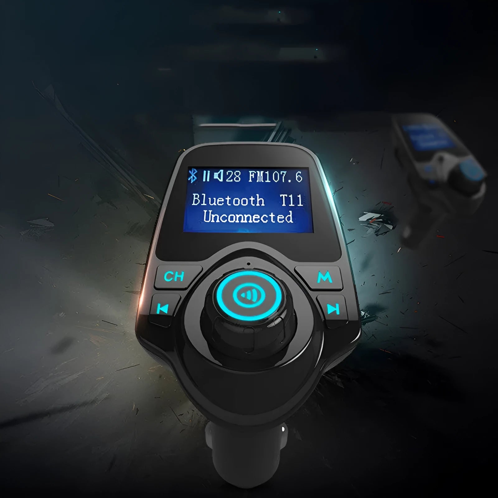 Black G7 car Bluetooth hands-free transmitter with FM functionality for wireless audio streaming