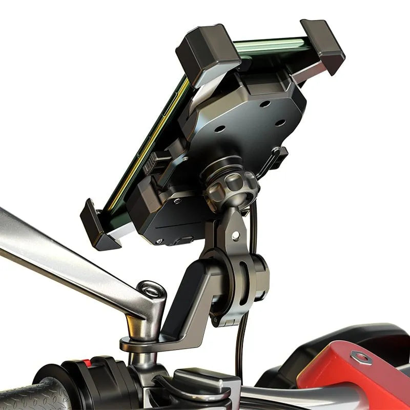 Black plastic motorcycle handlebar phone holder with wireless charging dock for 3.5-6.5 inch smartphones