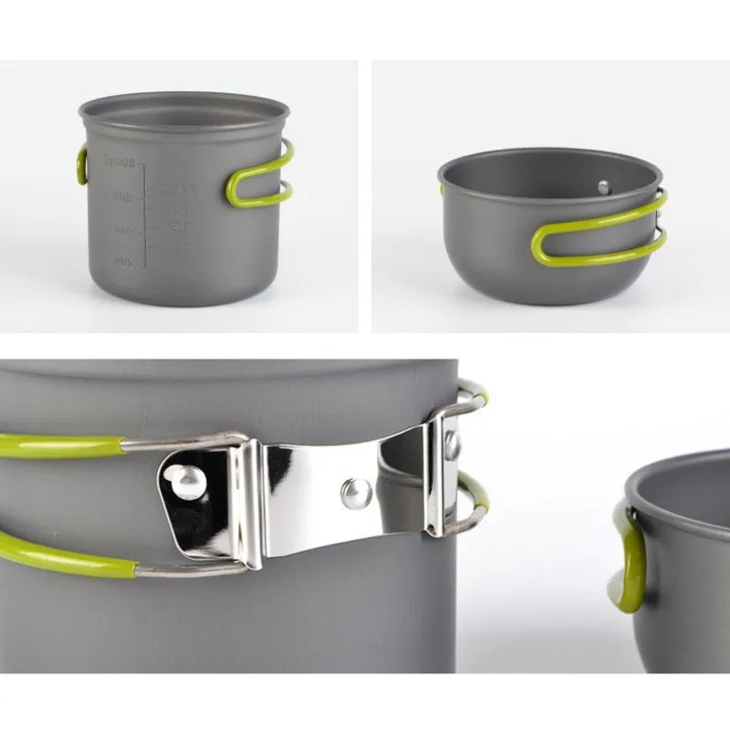 Green DS-101 camping cookware aluminium pot with separate cover, mesh bag, and colour box