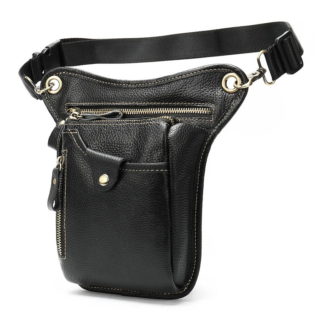 Men's brown crazy horse leather vintage satchel bag with flap closure and adjustable shoulder strap.