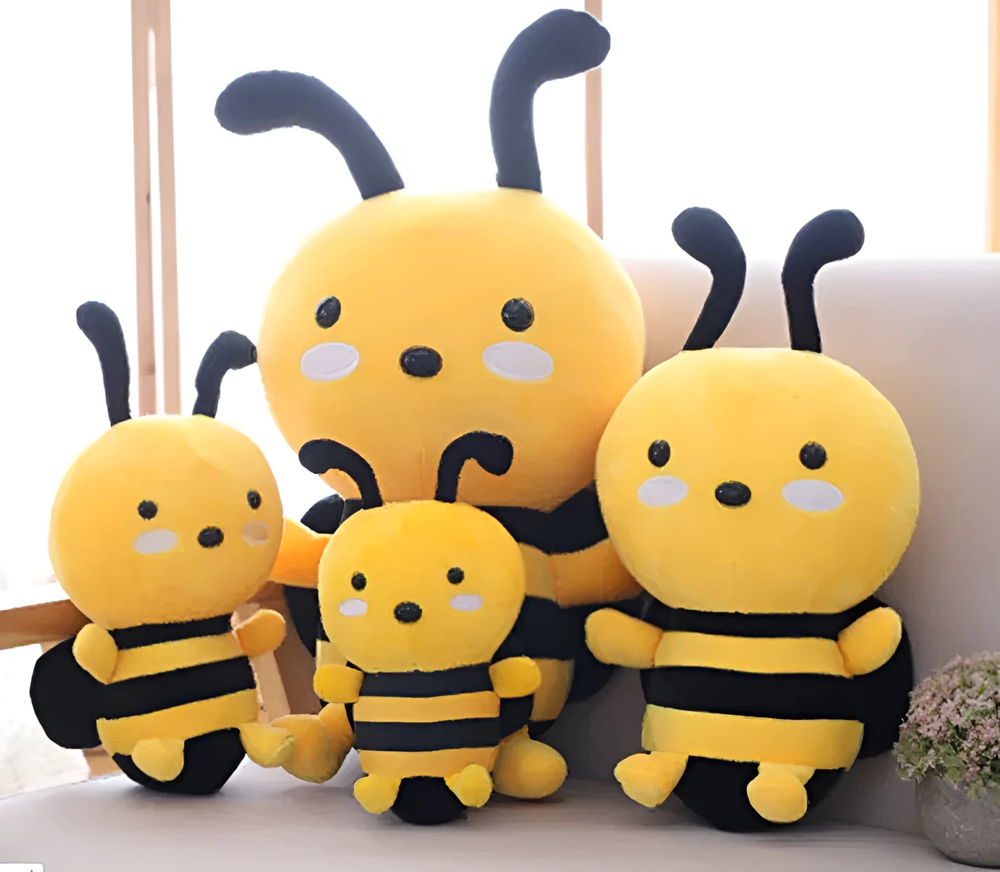 Honeybee soft stuffed plush toy bee in super soft short plush fabric, shown in a 30cm size on a white background