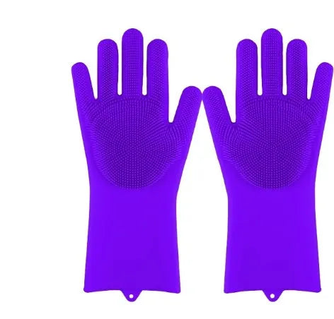 Blue silicone cleaning gloves with a textured sponge palm design for scrubbing.