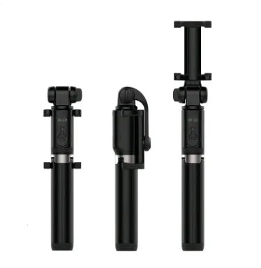 Aluminium Bluetooth selfie stick with tripod base and remote control next to a smartphone