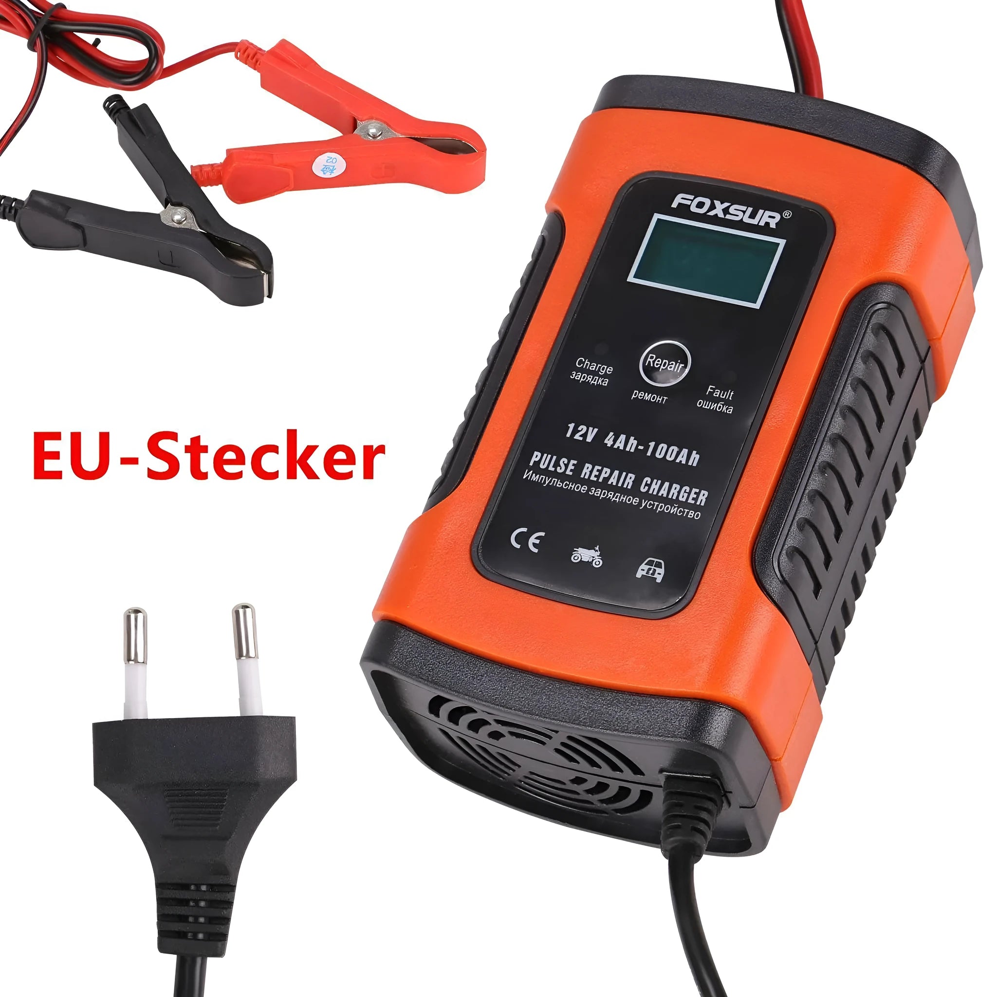 Fully automatic 12V car and motorcycle battery charger with 3-stage charging and microprocessor control, compact size 150×85×60mm