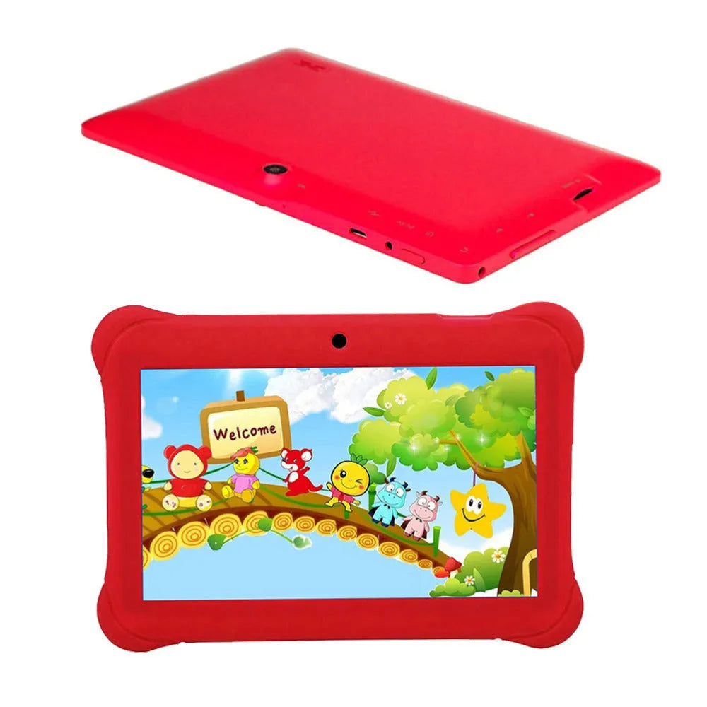 Children's tablet with 7-inch capacitive touch screen in black, showing front display and ABS plastic shell