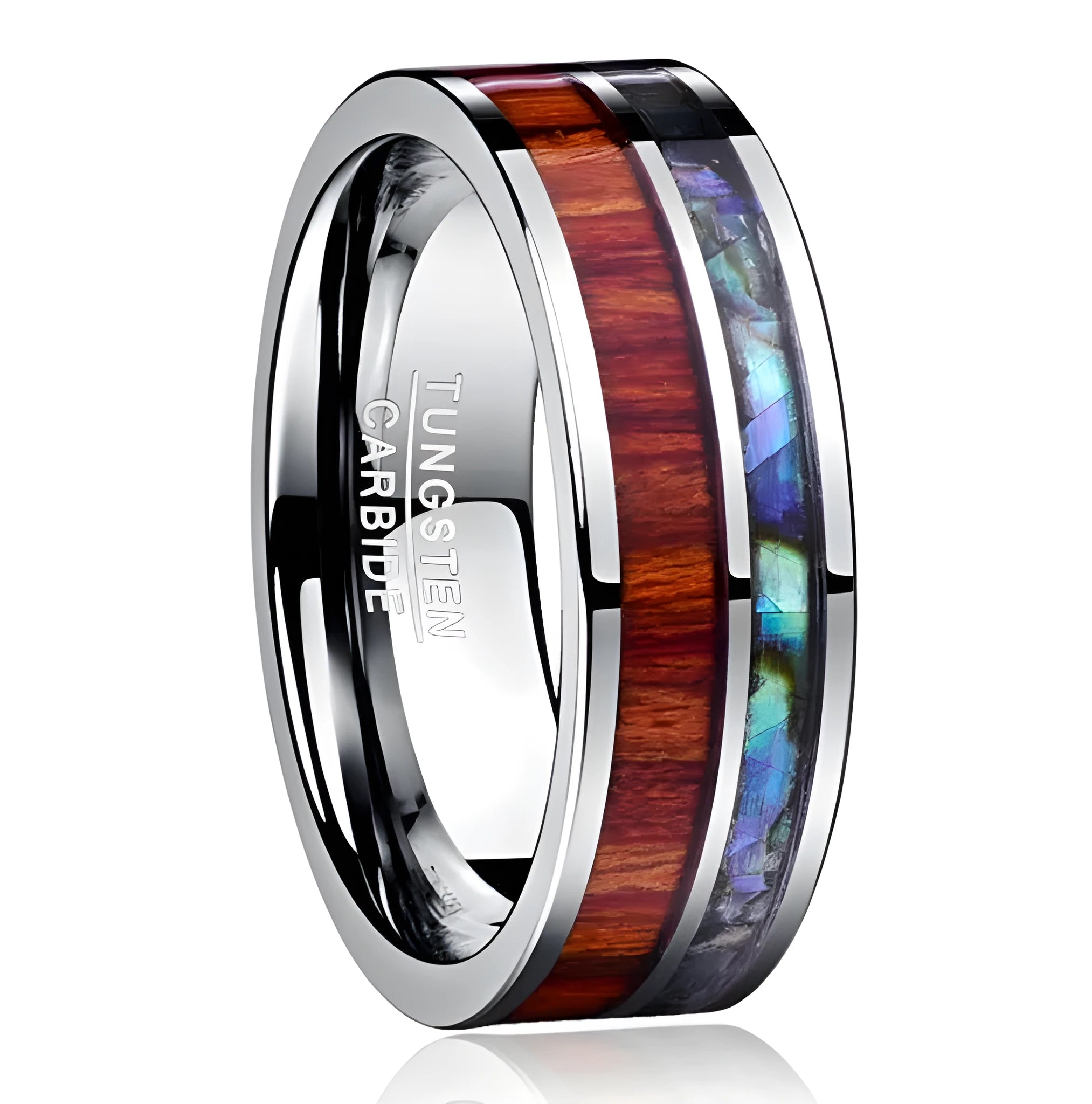8mm wide tungsten carbide men's wedding ring with polished wood grain finish in silver tone