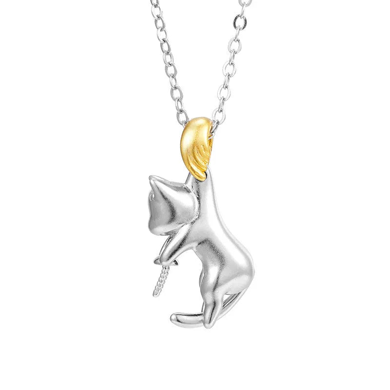 925 sterling silver clavicle necklace with a cat pendant and electroplated finish.