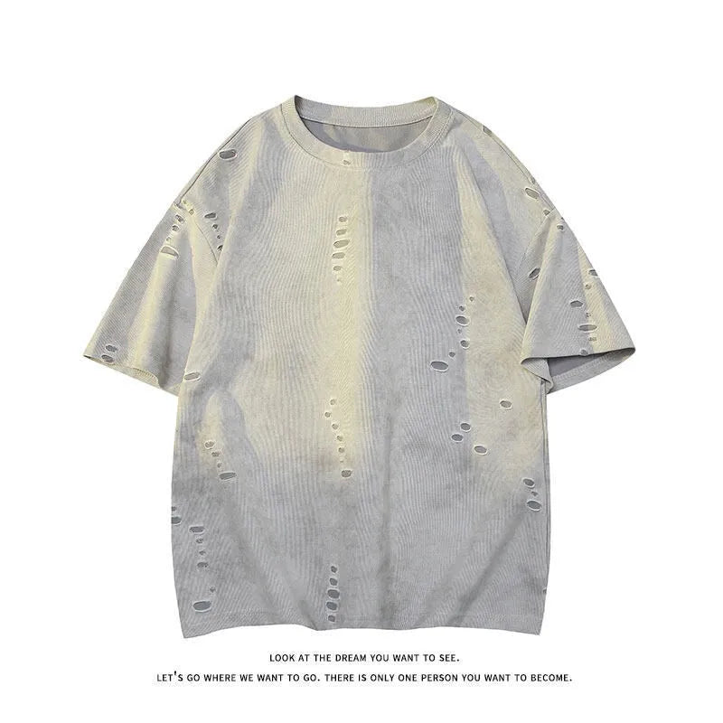 Men's loose fit short sleeve T-shirt with ripped detailing in cotton blend fabric