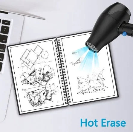 Black PP cover rewritable paper notebook with spiral binding, open to a page with handwriting, pen included