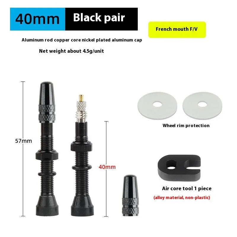 Aluminium alloy bicycle inner tube valve core in black 40mm with transparent washers