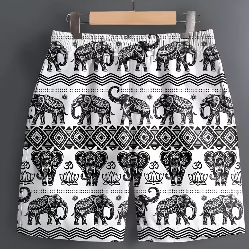 Men's casual striped and patterned polyester shorts for outdoor sports, shown in multiple sizes.