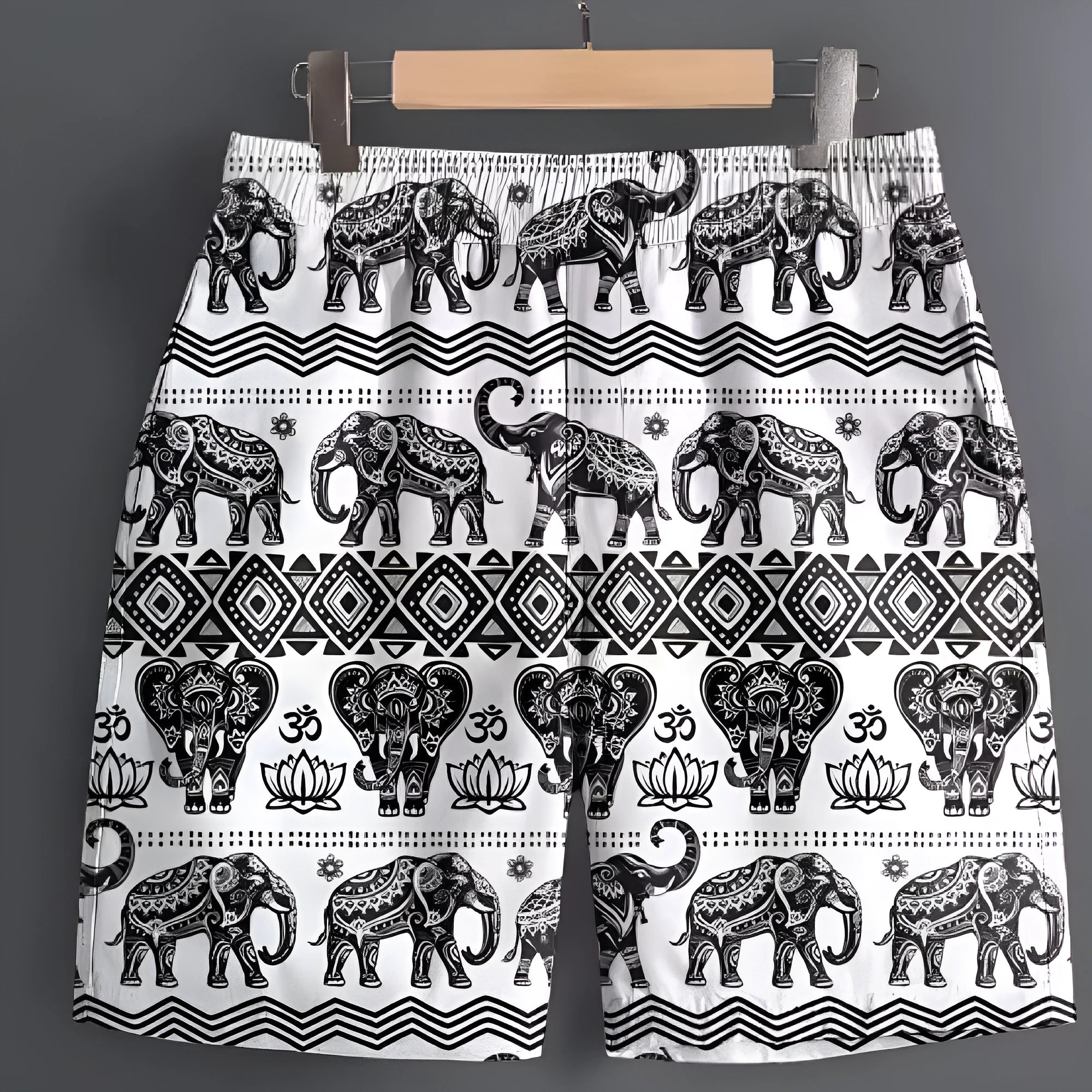 Men's casual striped and patterned polyester shorts for outdoor sports, shown in multiple sizes.