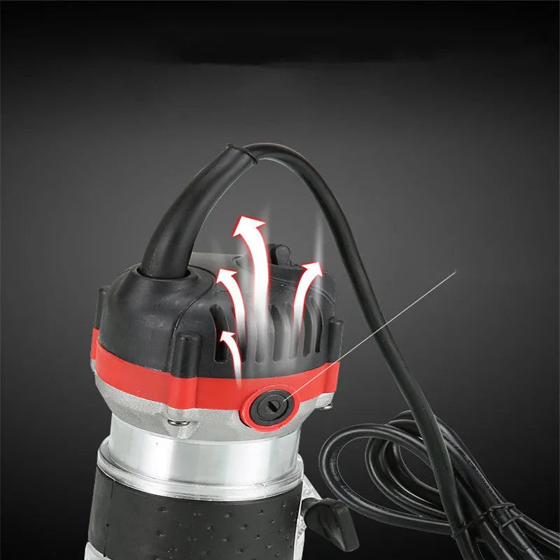 800W electric wood polishing trimmer with silver aluminium casing and a black handle on a workbench.