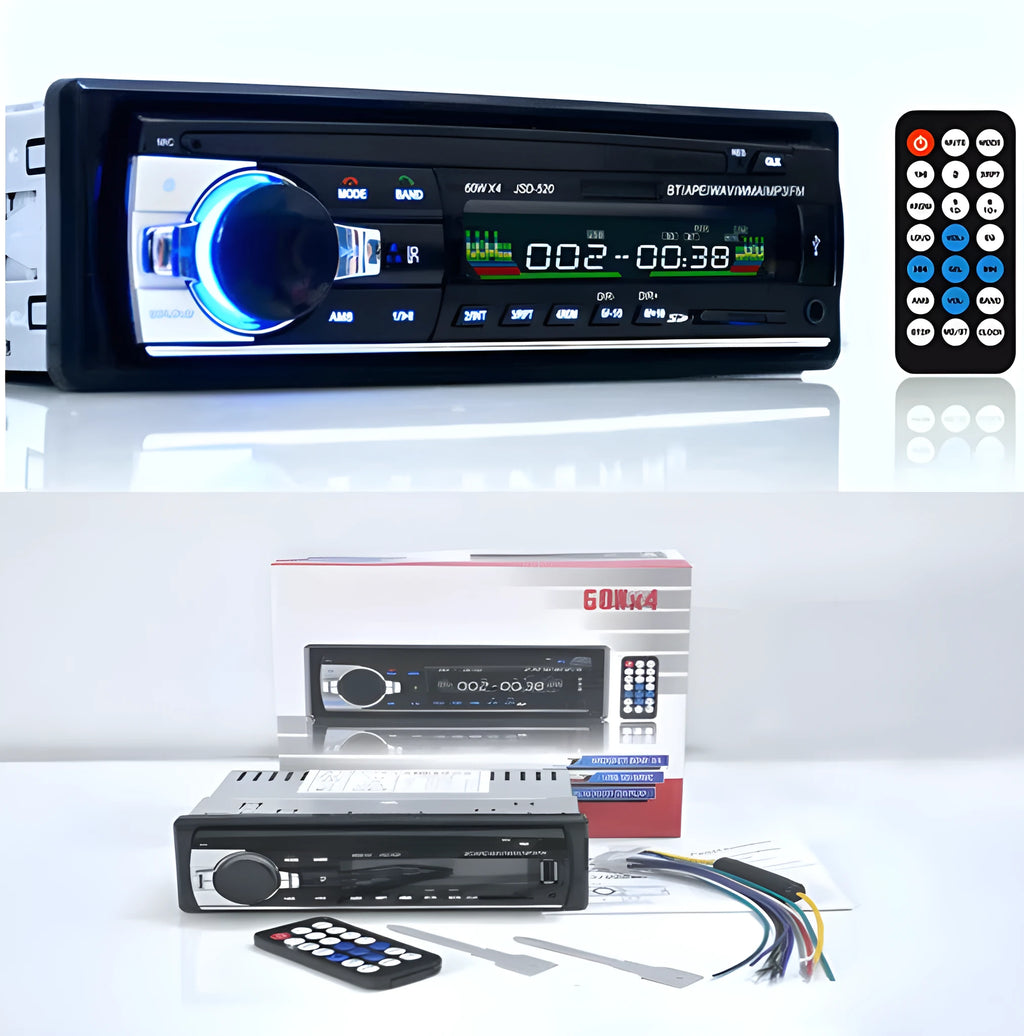 Bluetooth car stereo FM radio with USB SD card slots and remote control for 12V vehicles