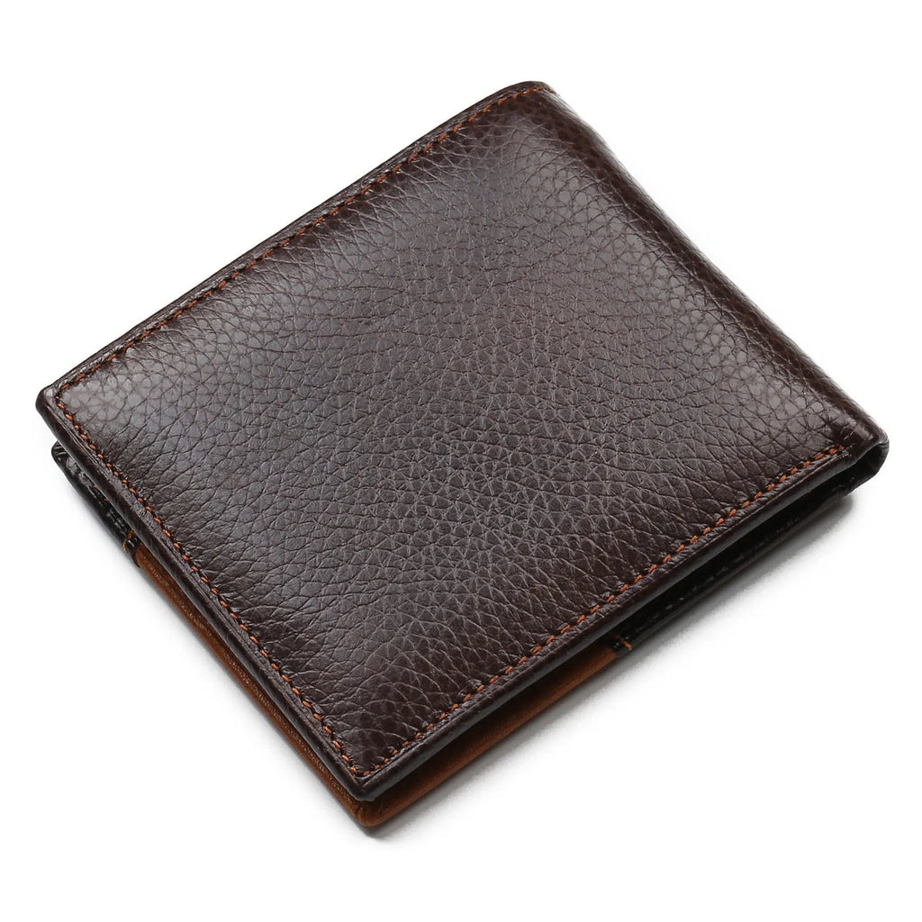 Korean-style cowhide leather wallet with car stitching showing bill holder, card slots, and zipper compartment